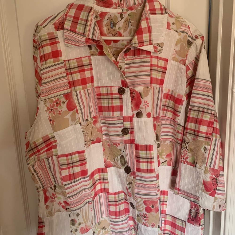 Patchwork Floral Plaid Women's Jacket Fully Lined 3/4 Length Sleeves SidePockets - Picture 2 of 8